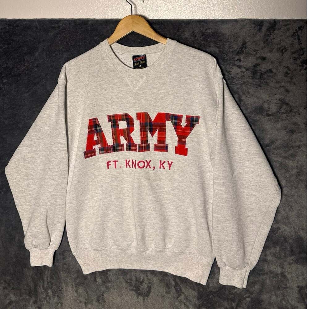 Vtg 90s Soffe US Army Ft Knox Sweatshirt Plaid Applique Crewneck Gray Medium USA